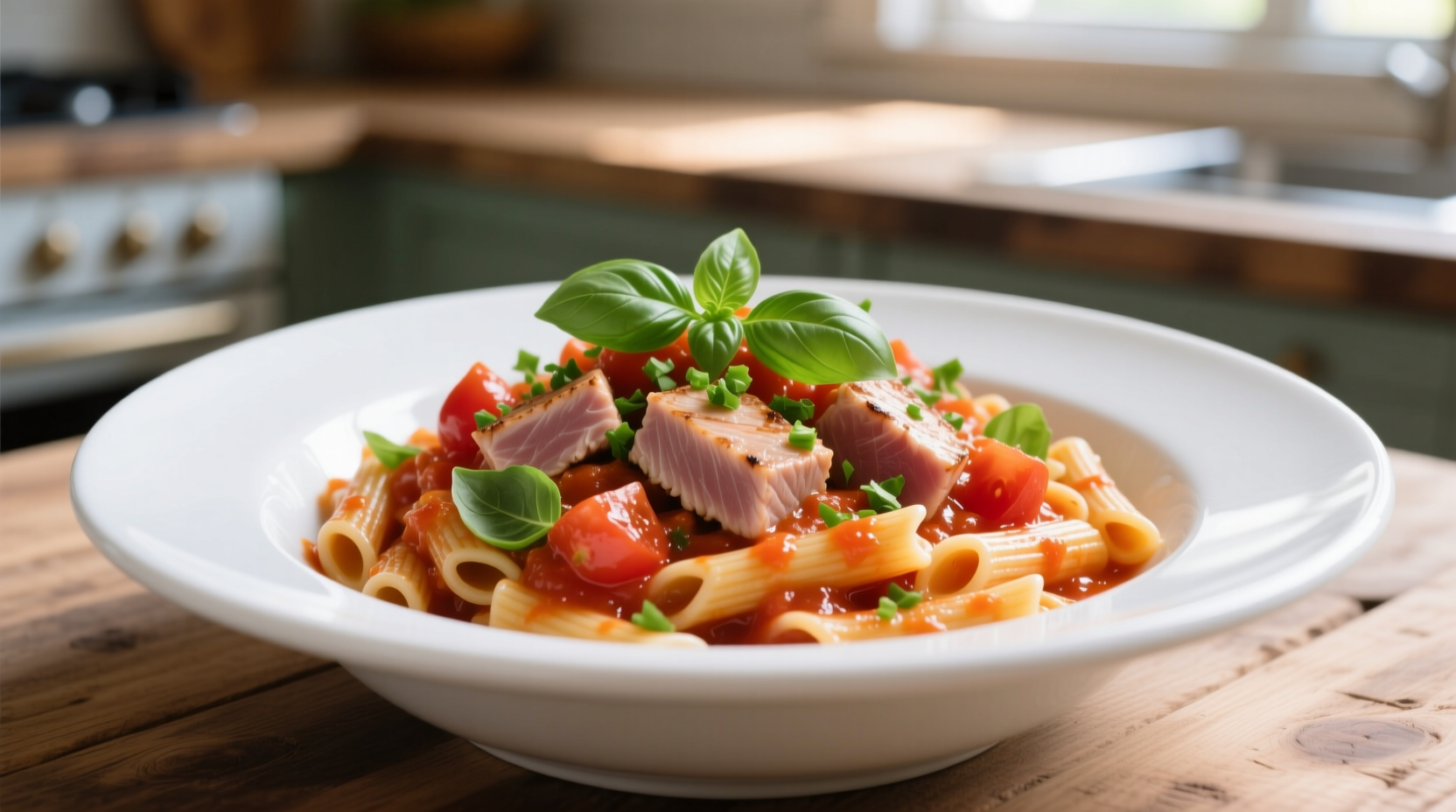Tuna and tomato pasta in white bowl with basil garnish