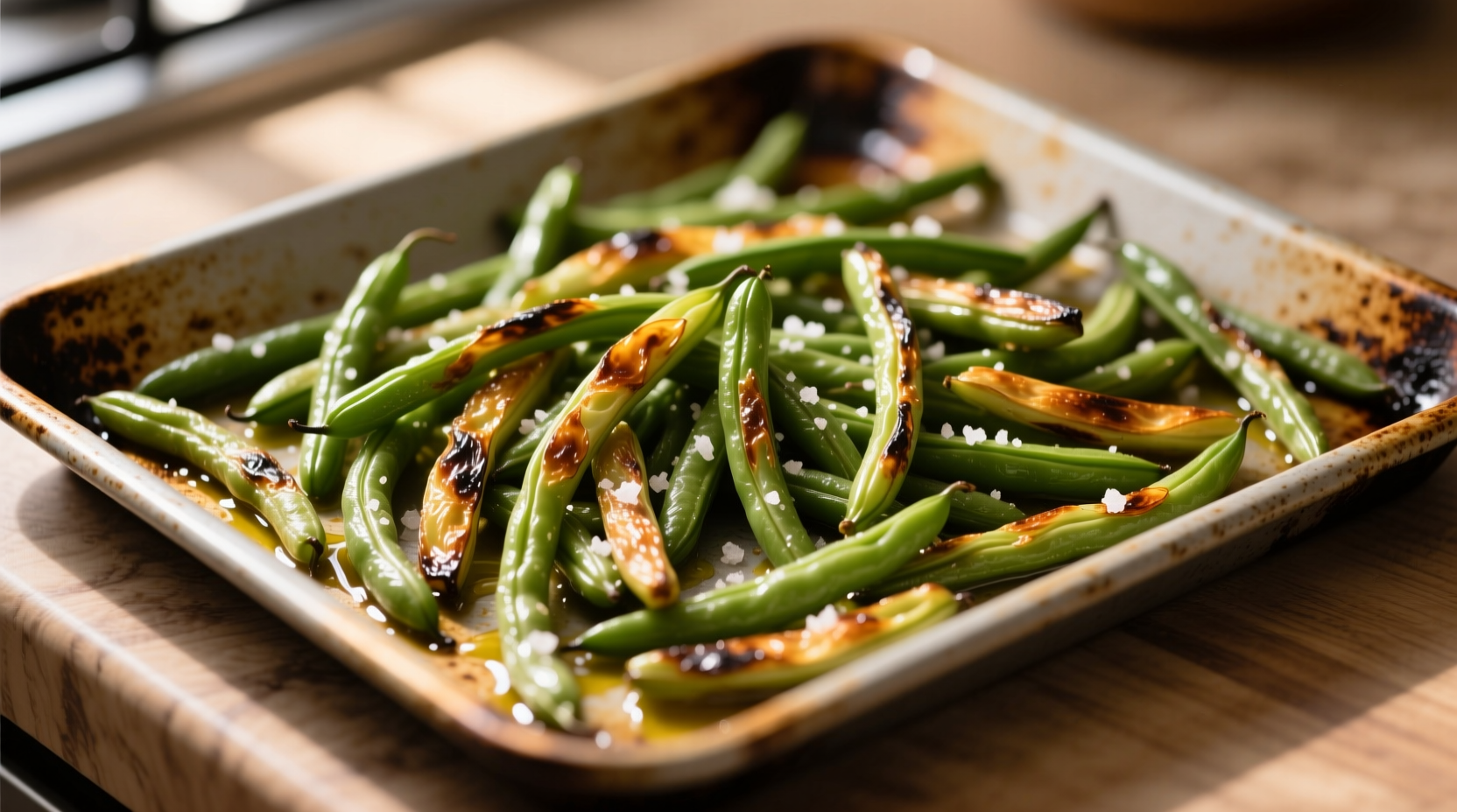 Crispy roasted green beans on baking sheet