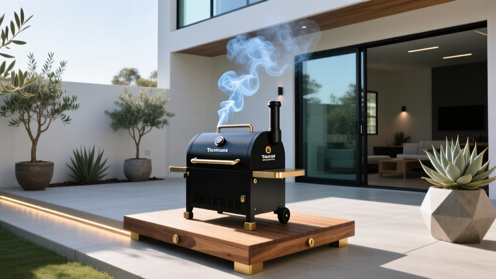 A sleek matte-black Traeger Timberline smart smoker puffing thin blue smoke in a modern 2026 backyard patio setup