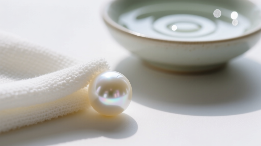 Soft microfiber cloth gently wiping a lustrous white pearl, with a small bowl of mild soapy water blurred in the background.