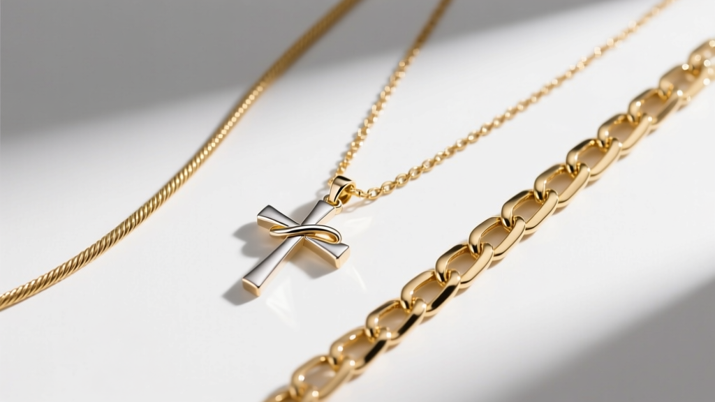 Flat lay of three distinct gold chains of varying lengths next to an infinity cross pendant, showing 1mm cable and 2mm box chains