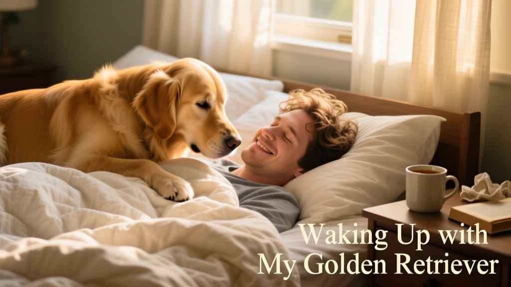 Golden Retriever gently nudging a sleepy human under cozy blankets