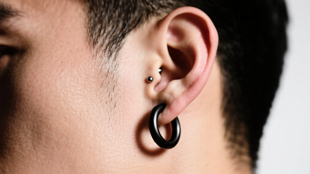 Close-up of a man wearing a minimalist matte black titanium huggie hoop on his helix piercing, studio lighting, sharp focus.