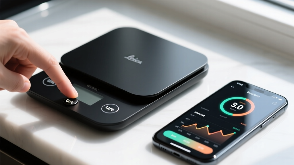 Close-up of a finger pressing the tare button on a smart digital scale next to a smartphone displaying a macro-tracking app.