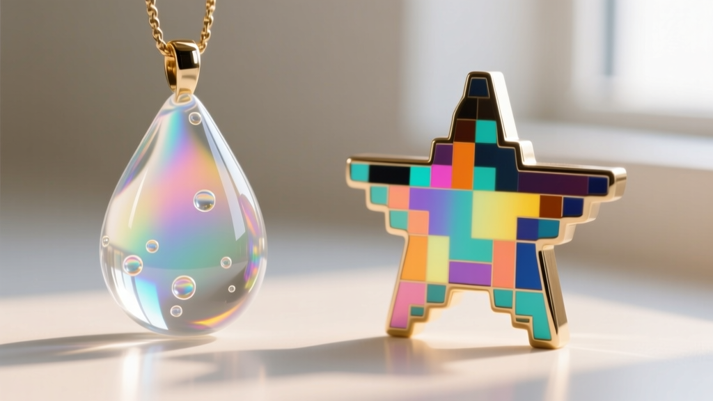 Macro shot comparing a glossy UV resin water-drop pendant on the left and a polished hard enamel pixel star on the right.