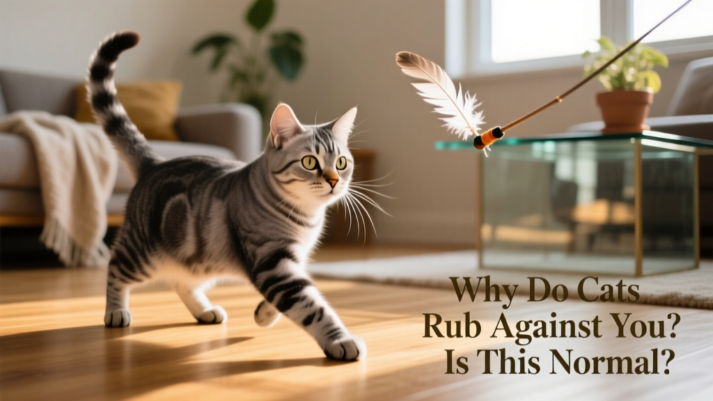 A cat playing with a feather wand toy, focused and engaged