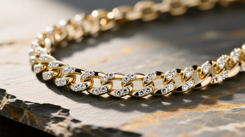 Macro shot of a 14k white gold Cuban link chain with flush-set diamonds on textured slate under soft directional lighting.