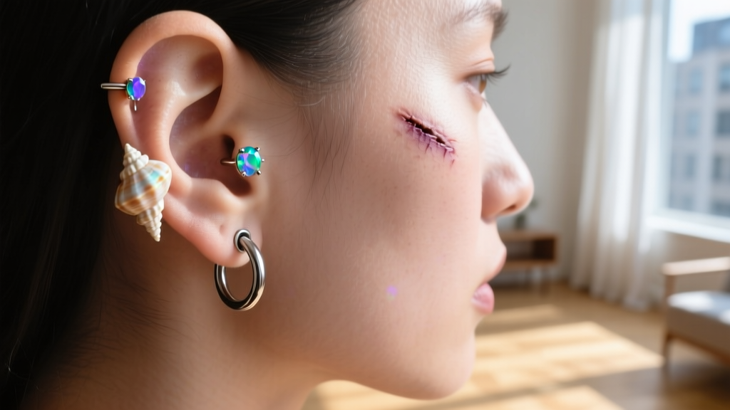 Profile of a healed conch piercing wearing a 14-gauge titanium clicker hoop with opal gems, shot in bright natural daylight.