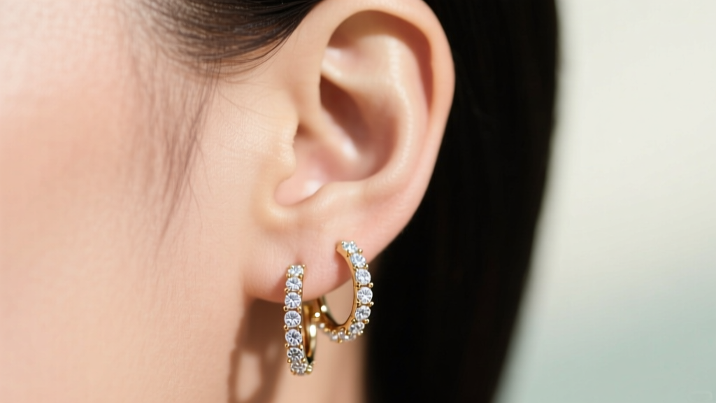 Side profile of an ear wearing 18k white gold huggie hoops with bezel-set diamond beads against a softly blurred background.