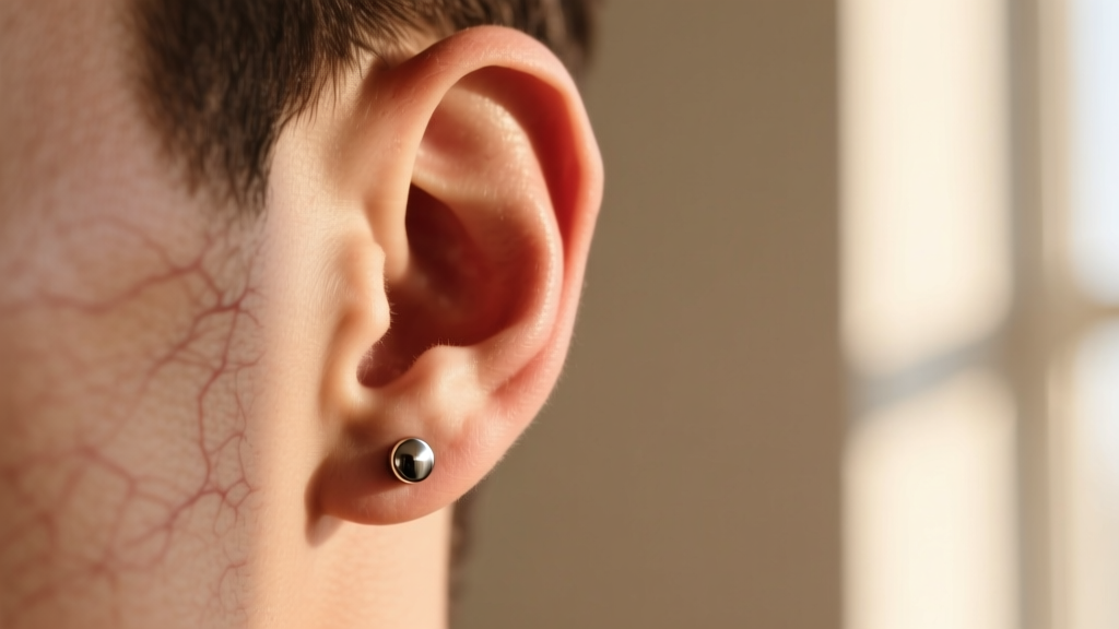 Close-up of a male earlobe wearing a minimalist 4mm implant-grade titanium stud earring, illuminated by soft morning light.