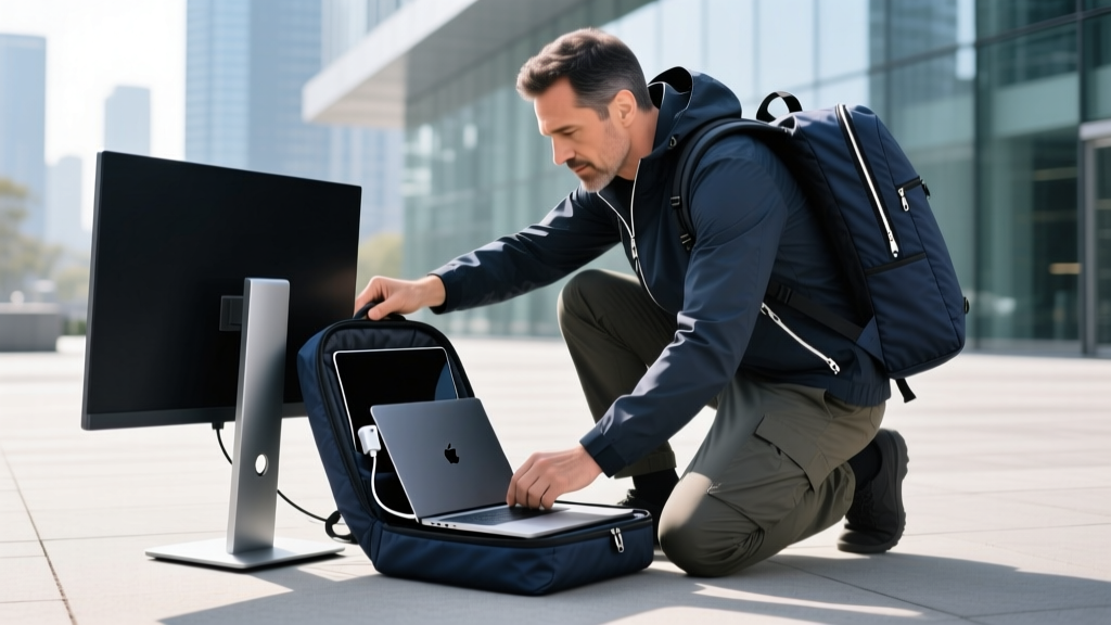 A tech enthusiast packing a high-end portable monitor and dual-screen laptop into a padded, waterproof tech backpack for travel.