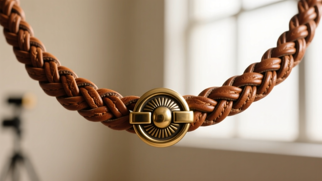 Macro shot of a braided leather bandanna necklace cord threaded through a brass concho slide, showing the tension mechanism