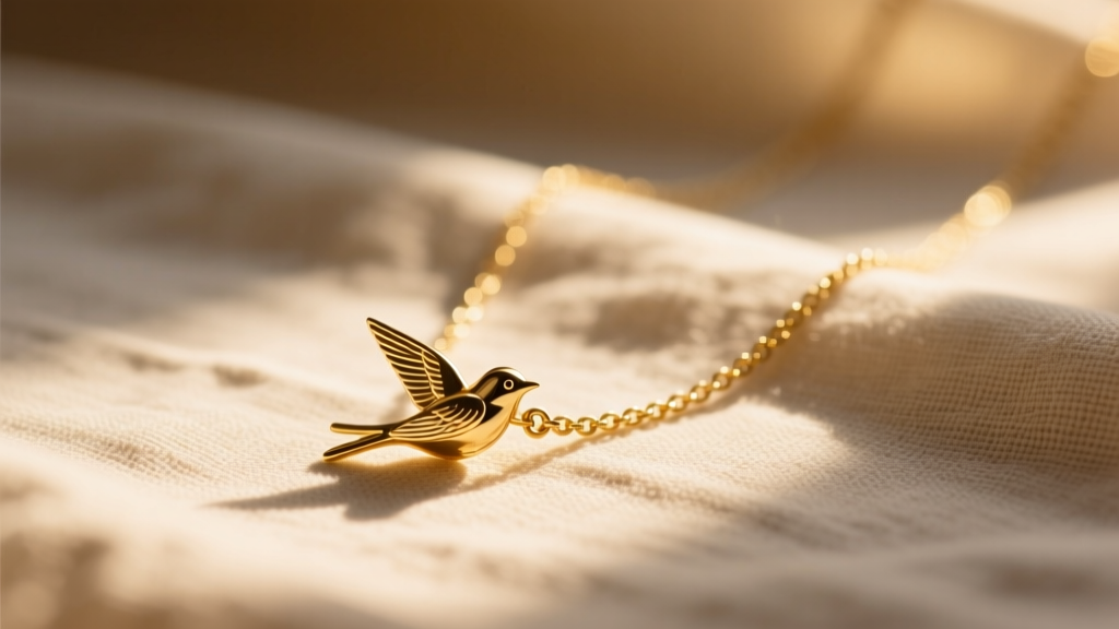 Close-up flat lay of a delicate gold-plated necklace with a small bird pendant resting on textured linen fabric in warm sunlight.