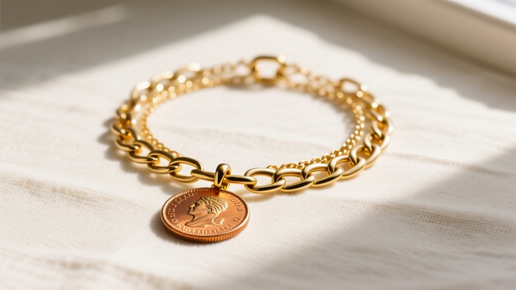 Flat lay of mixed-karat gold jewelry featuring a verified 14k paperclip chain layered with an 18k vintage coin pendant on linen.