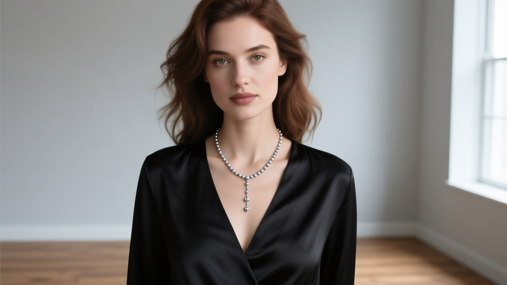 Elegant woman wearing a delicate sterling silver rosary necklace over a black silk V-neck blouse, soft natural window lighting.