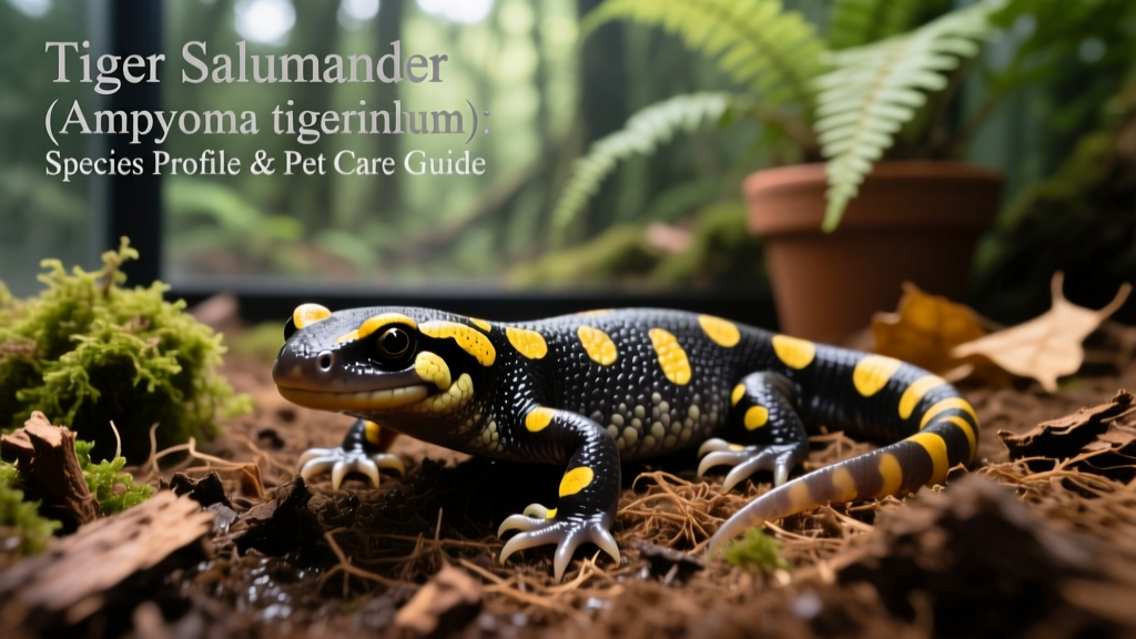Close-up of tiger salamander partially buried in moist coconut fiber substrate with moss and bark cover