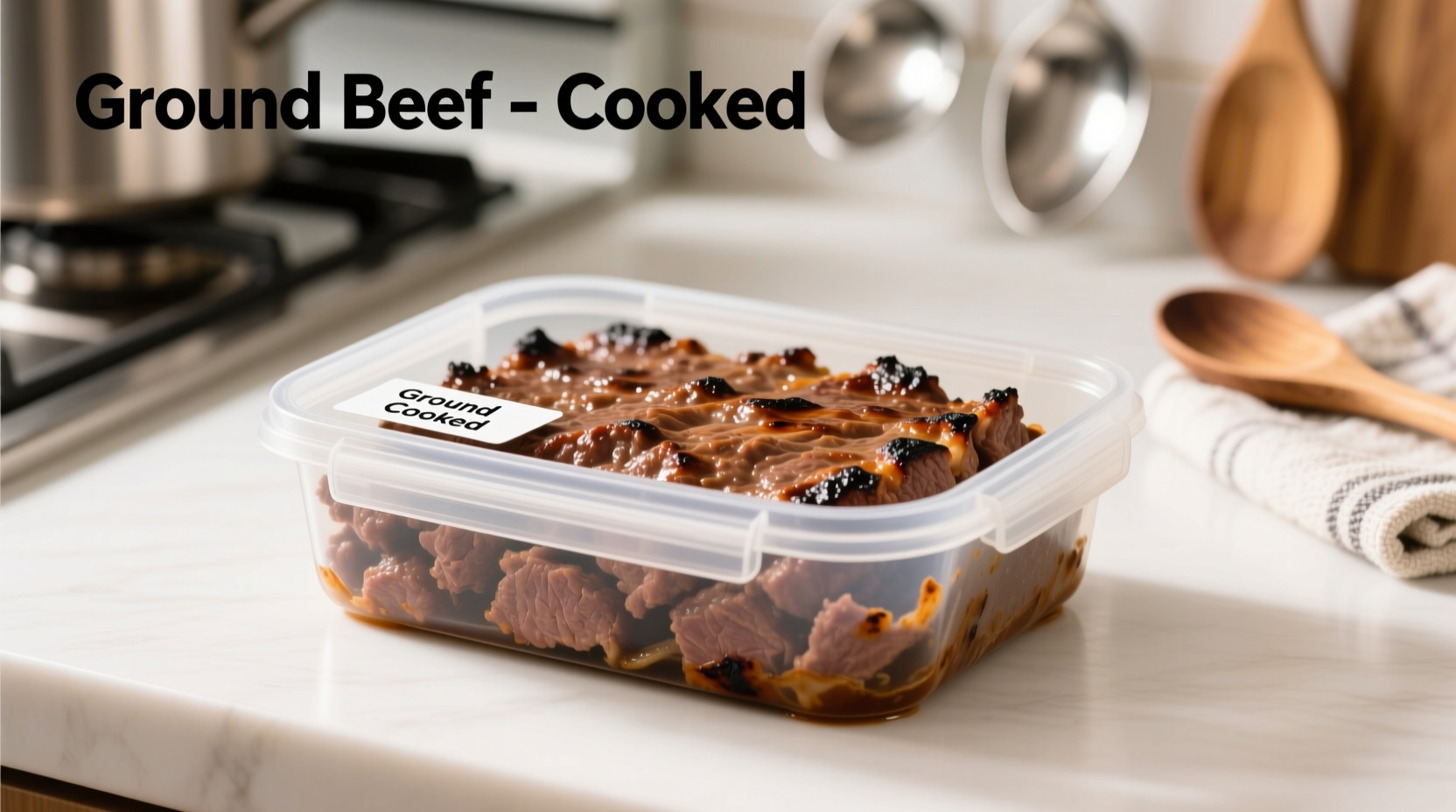 Cooked ground beef in proper airtight container