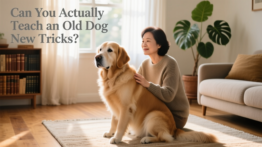Senior golden retriever sitting calmly beside their owner on a sunlit living room rug, looking attentive and relaxed