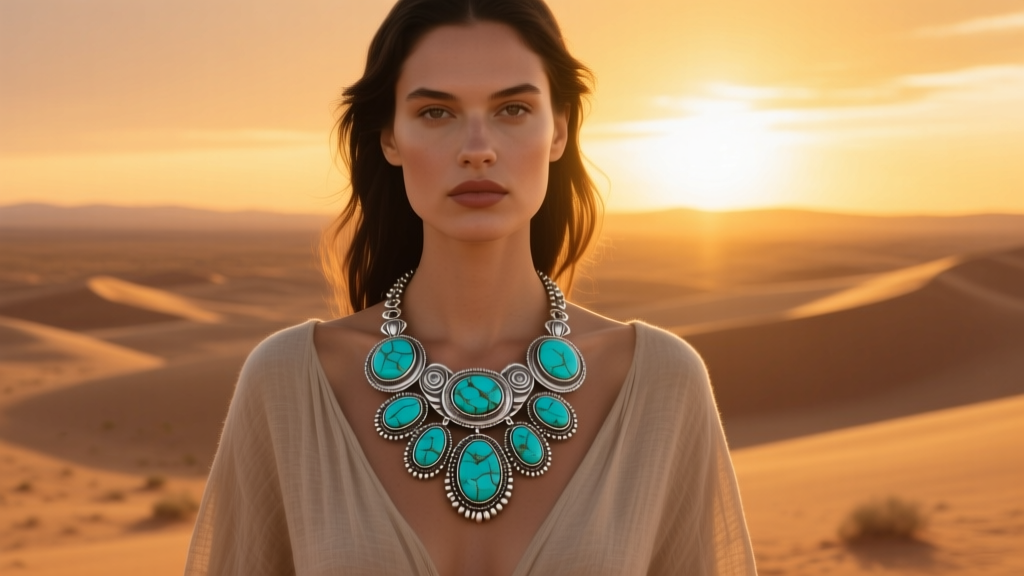 Model wearing a sterling silver concho necklace with large Kingman turquoise stones against a warm, golden desert sunset backdrop.