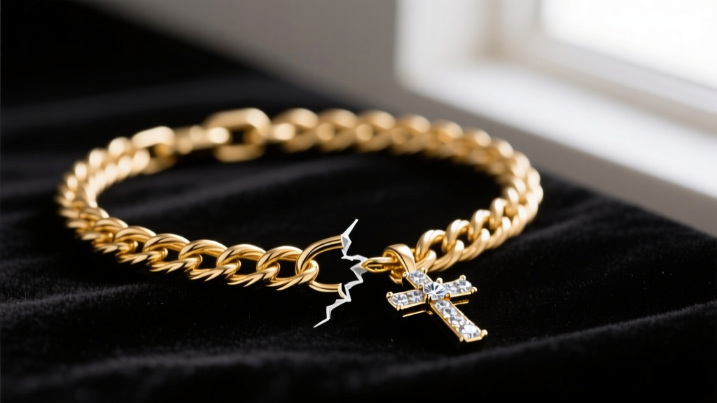 Close-up of a broken 14k gold rope chain attached to a small diamond cross pendant, resting on a dark velvet jeweler's mat