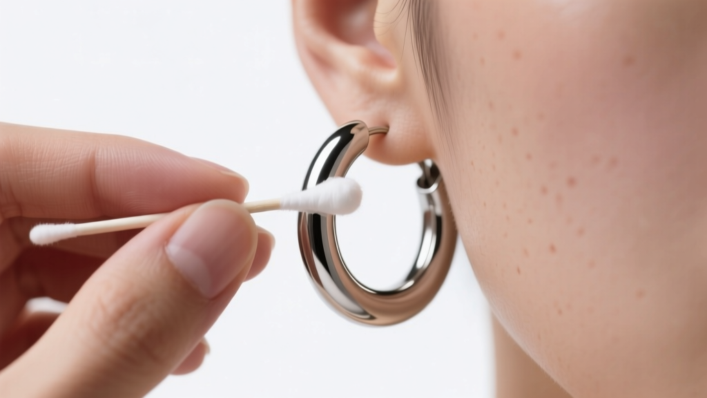 Close-up of a person cleaning a thick 8-gauge titanium hoop earring with a cotton swab and saline solution, bright clinical lighting.
