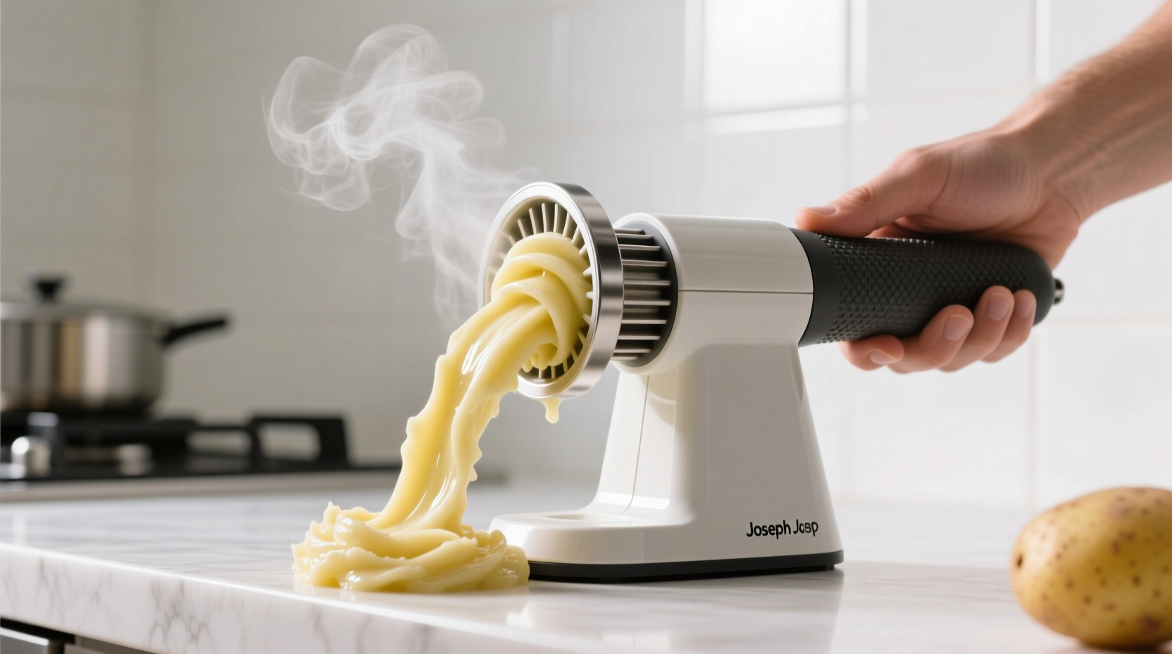 Joseph Joseph Helix Potato Ricer in action with smooth potato extrusion