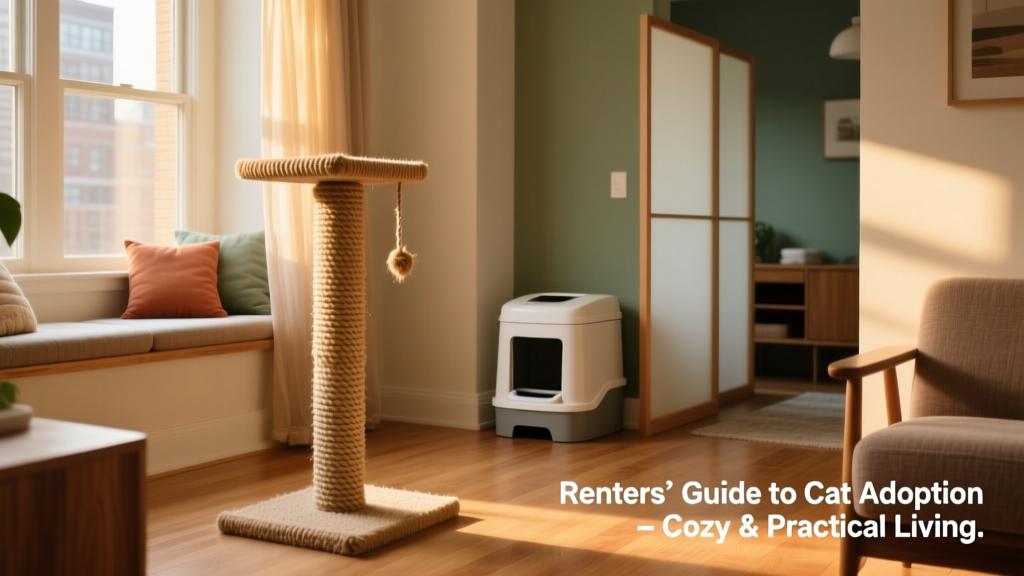 A cozy, cat-friendly apartment setup featuring a sturdy scratching post, window perch, and covered litter box tucked discreetly in a corner
