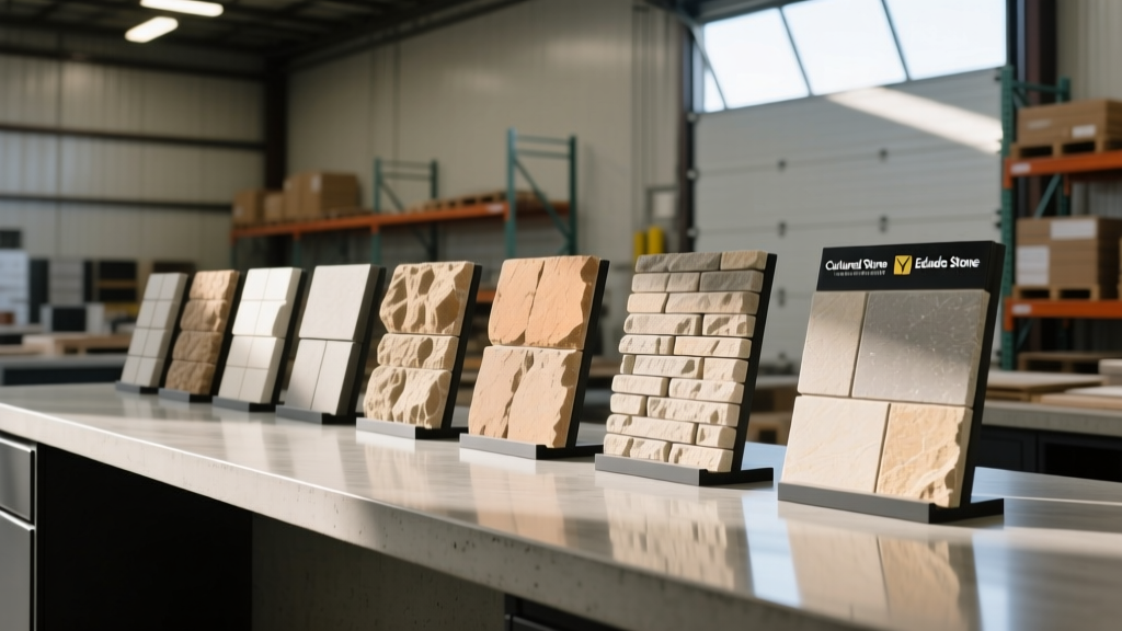 Exterior manufactured stone veneer samples from Cultured Stone and Eldorado Stone displayed on a countertop at a specialty building supply yard in Anaheim