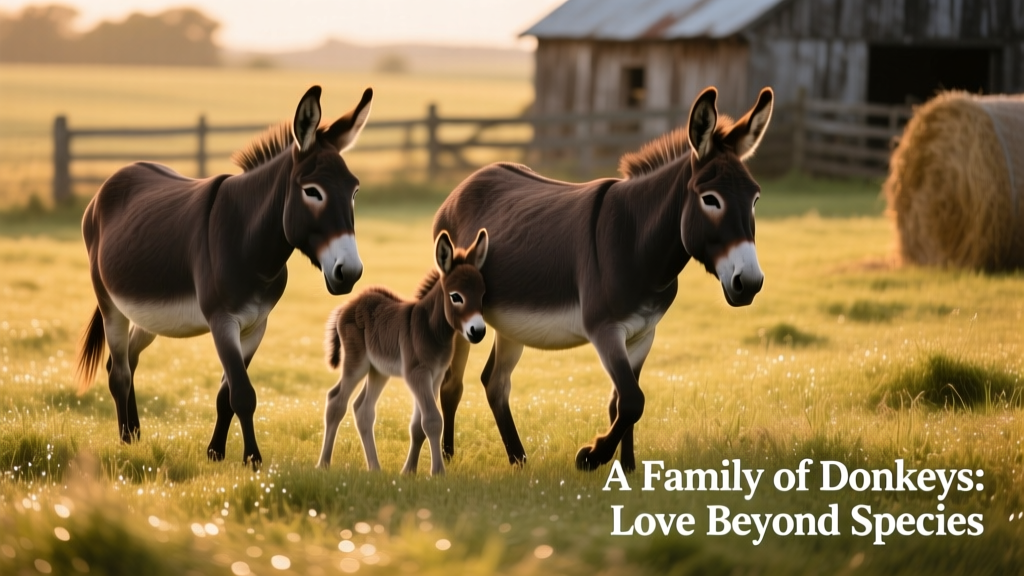 The three donkeys walking together in gentle formation across a grassy field, with the foal nestled safely between its parents