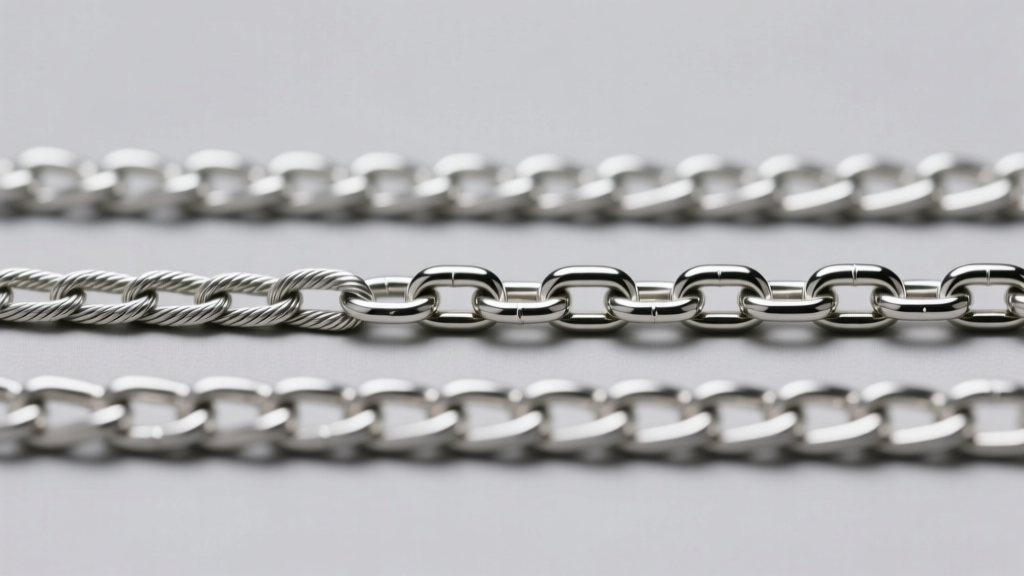 Macro shot of three silver chains side-by-side, showing wire thickness differences between a 24-gauge, 22-gauge, and 20-gauge link
