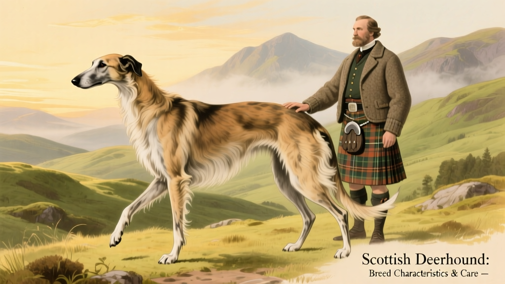 Historical illustration or vintage photo showing a Scottish deerhound alongside a Highland landscape or noble figure
