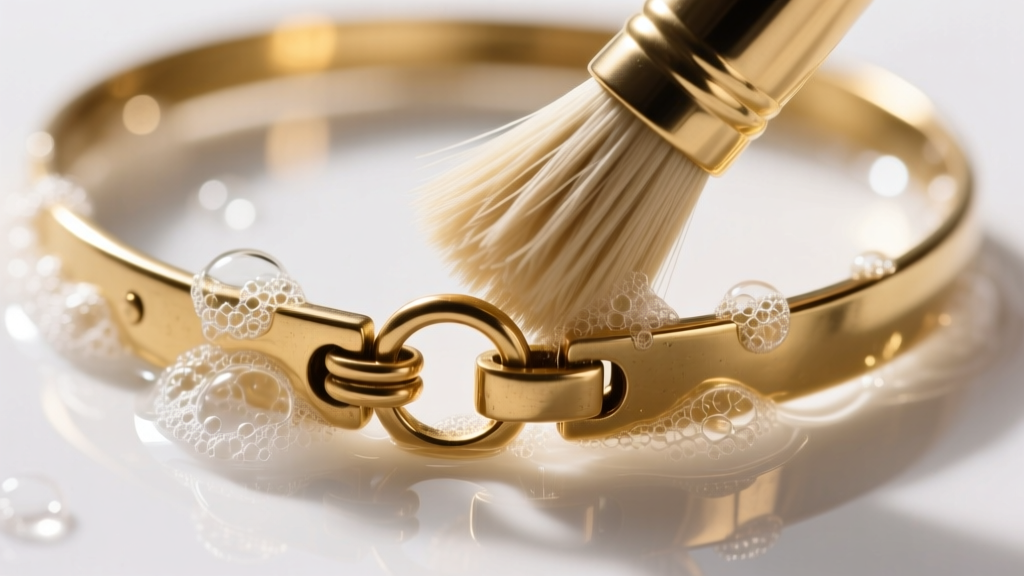 Close-up of a soft bristle brush cleaning the intricate hinge mechanism of a thick brass metal collar necklace in soapy water.