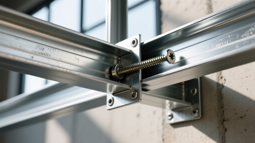 Galvanized steel framing connectors and structural screws securing cold-formed steel joists to a load-bearing wall track