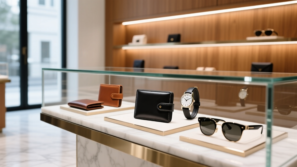 A well-lit retail display case showcasing a collection of men