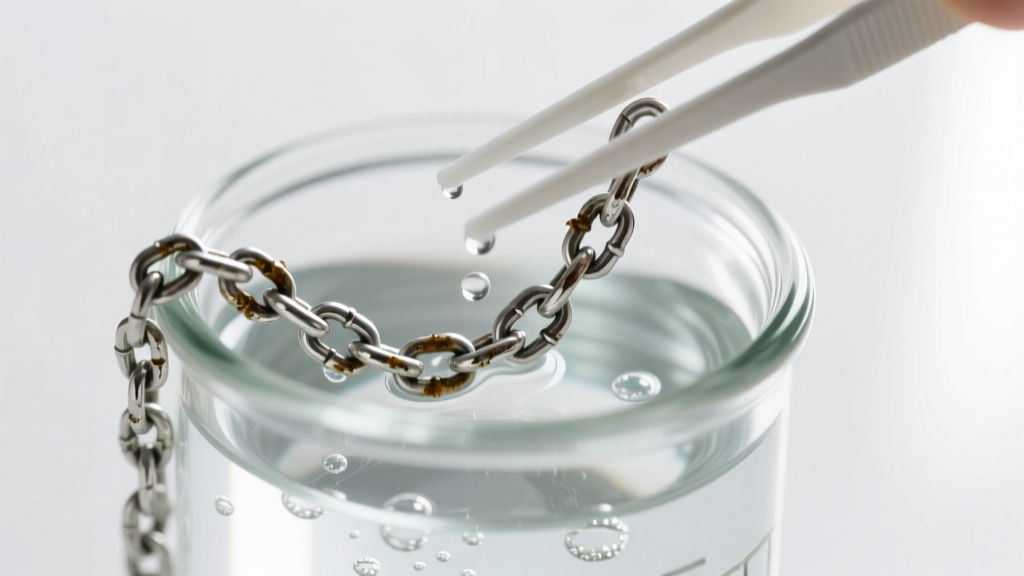 Close-up of a tarnished 925 sterling silver chain lowered into a glass jar of clear chemical silver dip using plastic tweezers.