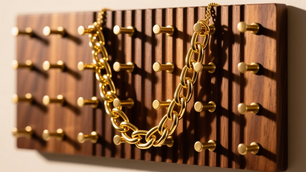 Solid brass pegs in a walnut fluted wood pegboard display, holding heavy gold chain necklaces under warm ambient vanity lighting