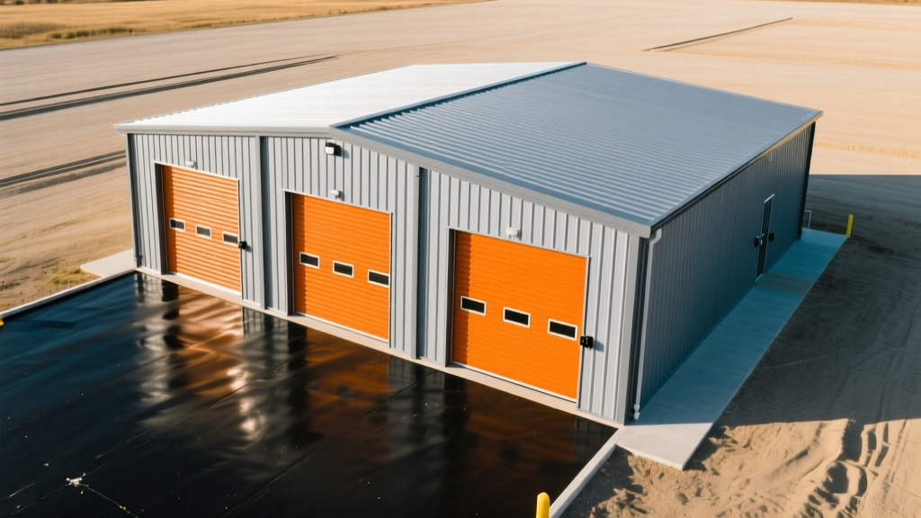Aerial view of a newly constructed pre-engineered metal mini storage facility with bright orange roll-up doors and fresh asphalt paving