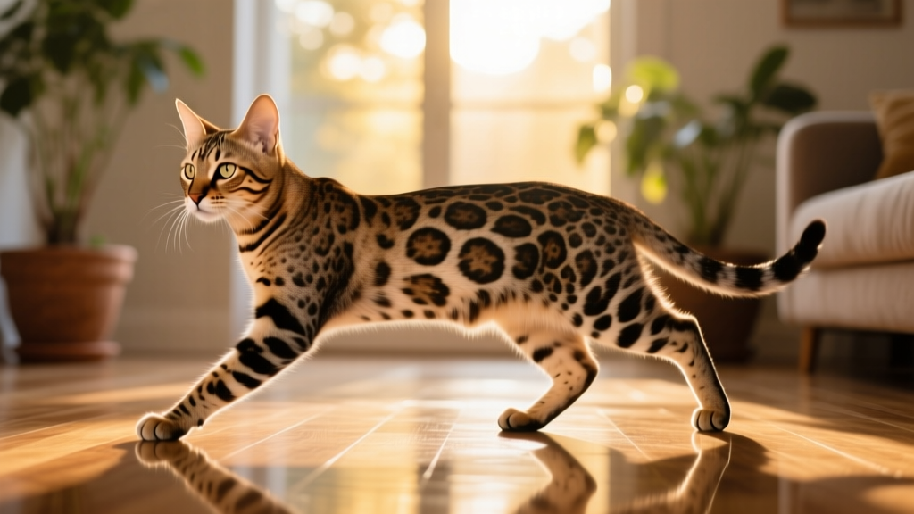 An Egyptian Mau mid-stride, showcasing its athletic build and distinctive spotted coat