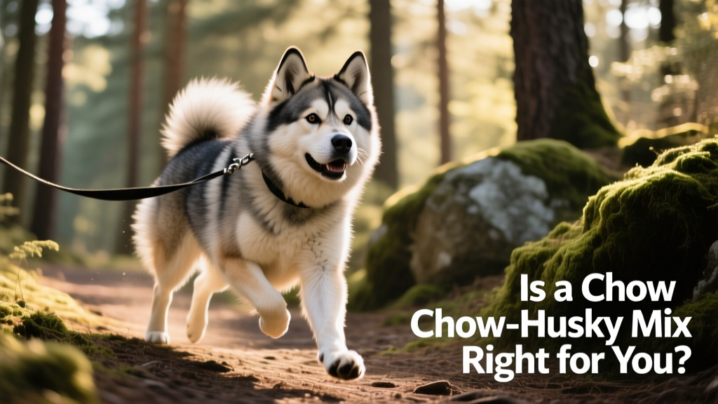 A Chusky mid-stride on a forest trail, leashed and engaged, showing athleticism and alertness