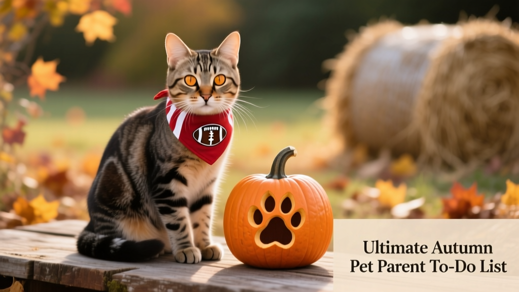 A tabby cat wearing a tiny football-themed bandana, sitting next to a mini pumpkin carved with a pawprint