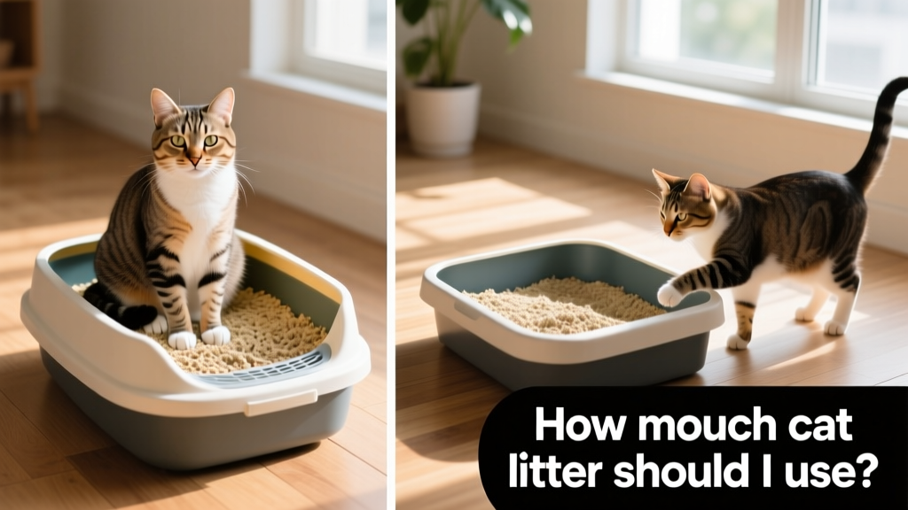 Side-by-side comparison showing proper 2–3 inch litter depth versus too-shallow litter in identical litter boxes