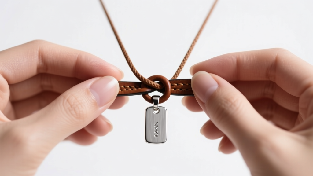 Hands tying a brown leather adjustable sliding knot on a 2mm cord necklace with a silver pendant under soft studio lighting