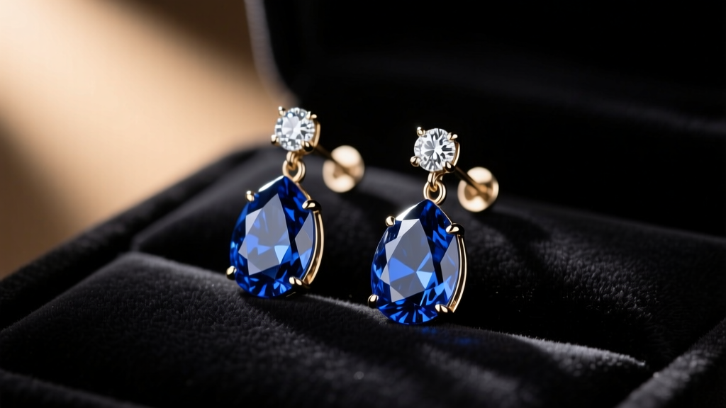 Macro shot of sapphire and diamond drop earrings resting on dark velvet, illuminated by a warm directional spotlight in a workshop.
