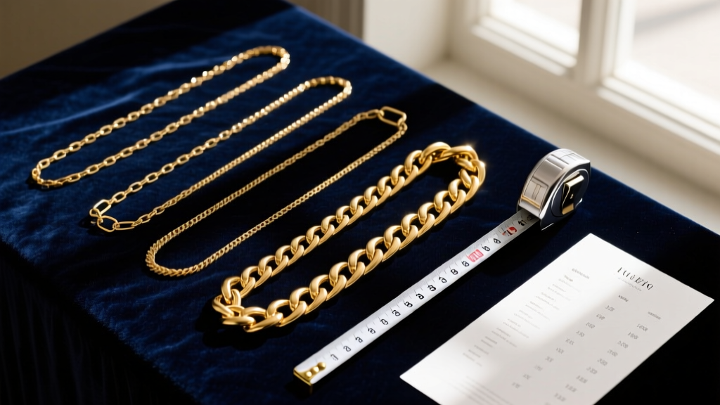 Flat lay of five gold chains of varying lengths on dark velvet, beside a measuring tape and a printed pricing chart.