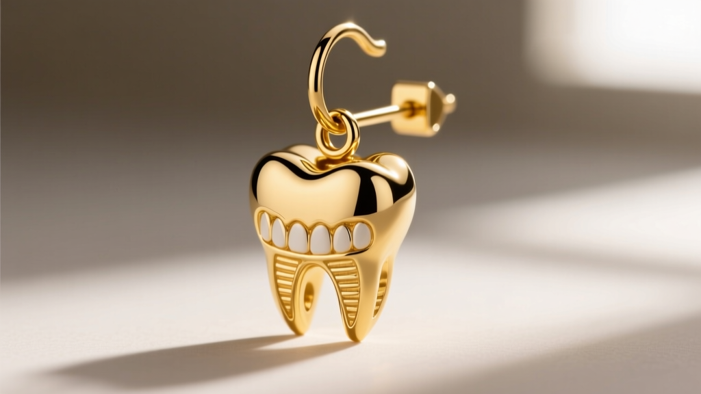 Macro shot of a solid cast 14k yellow gold molar motif earring showing high-polish finishing and a secure 18-gauge French hook.