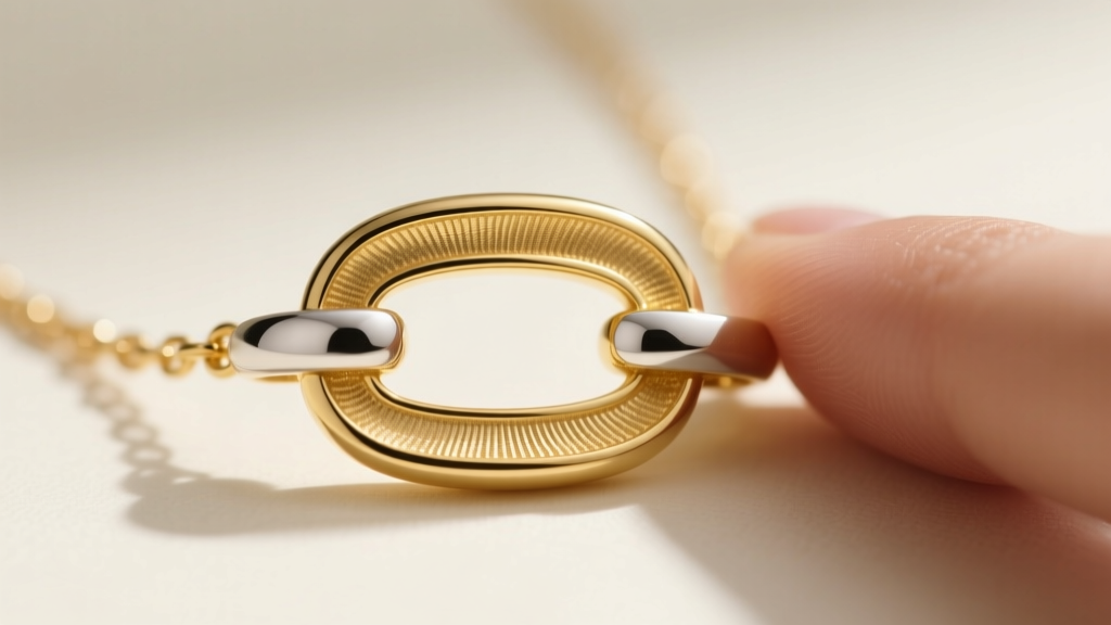 Macro shot of a 14k gold vermeil Korea necklace clasp showing the 925 sterling silver stamp and smooth finish against skin