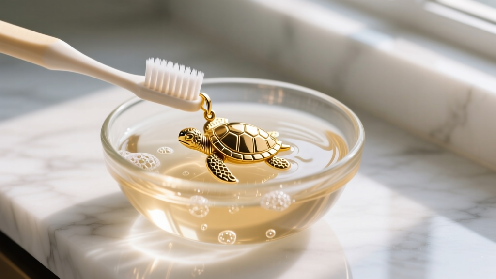 Soft toothbrush gently cleaning a small gold sea turtle pendant in a glass bowl of warm soapy water on a white marble countertop.