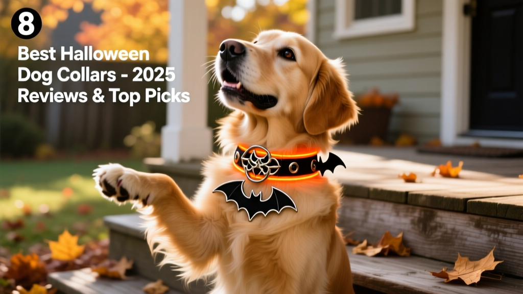 A playful dog wearing a glowing orange and black Halloween collar with bat-shaped hardware
