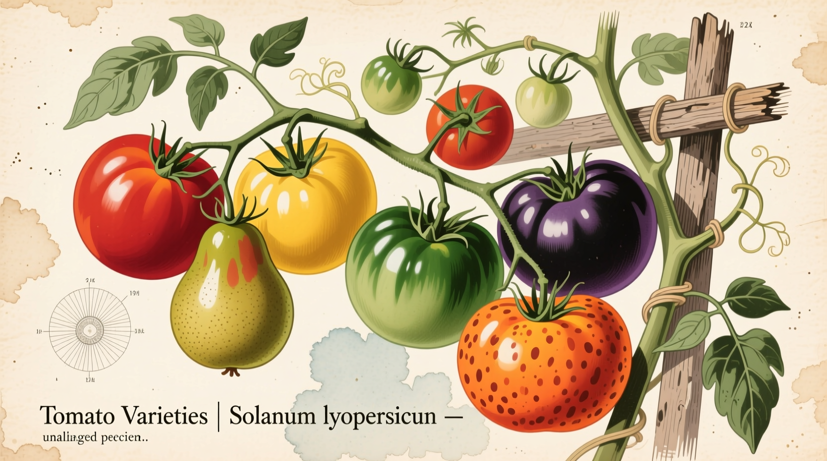 Assortment of different colored tomato varieties on vine