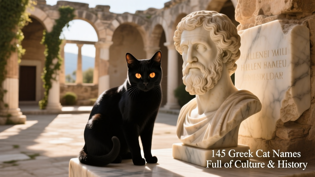 a sleek black cat gazing intently beside a weathered marble bust of a Greek philosopher, with soft Mediterranean light filtering in